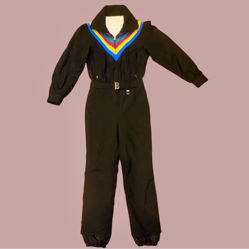 BOGNER WOMENS VINTAGE 2-PIECE SKI SUIT BLACK WITH COLORFUL CHEVRON DESIGN